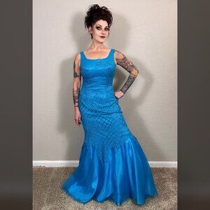 80s Vintage Teal Cicci Mermaid Dress Sparkles Retro 50s Bodycon Sheath Maxi L